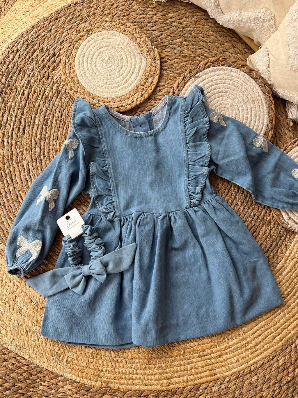 Denim ribbon dress + headpiece