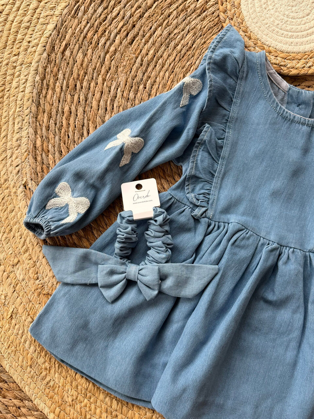 Denim ribbon dress + headpiece