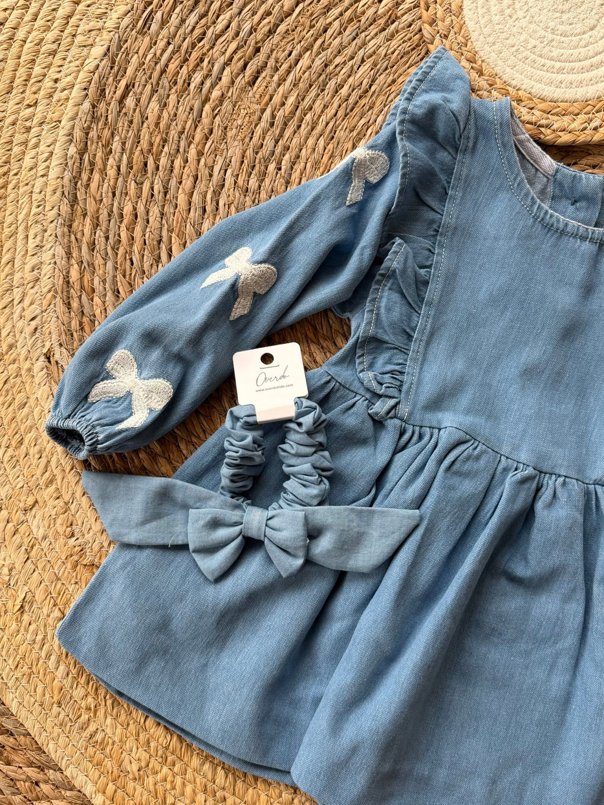 Denim ribbon dress + headpiece