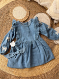 Denim ribbon dress + headpiece