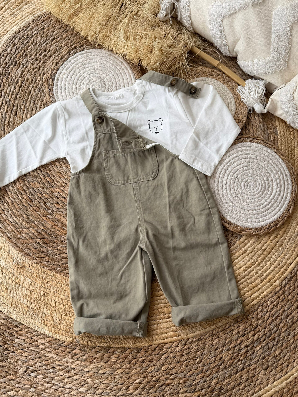 Olive green salopette set 2 pcs