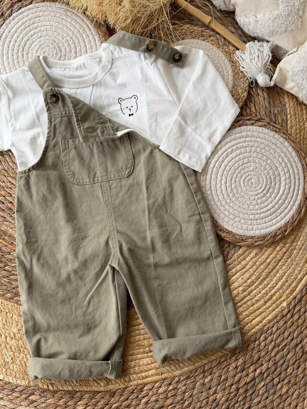 Olive green salopette set 2 pcs